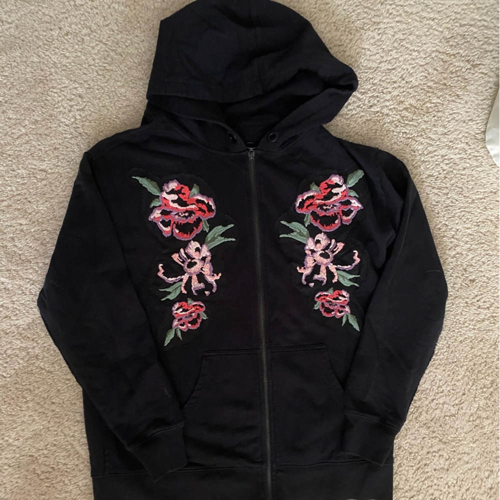 Sanctuary Black and Pink Bomber Jacket with Floral Embroidery